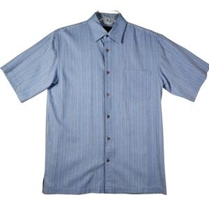 Toscano 100% Silk Mens Shirt Blue Striped Short Sleeve Button Front Size S